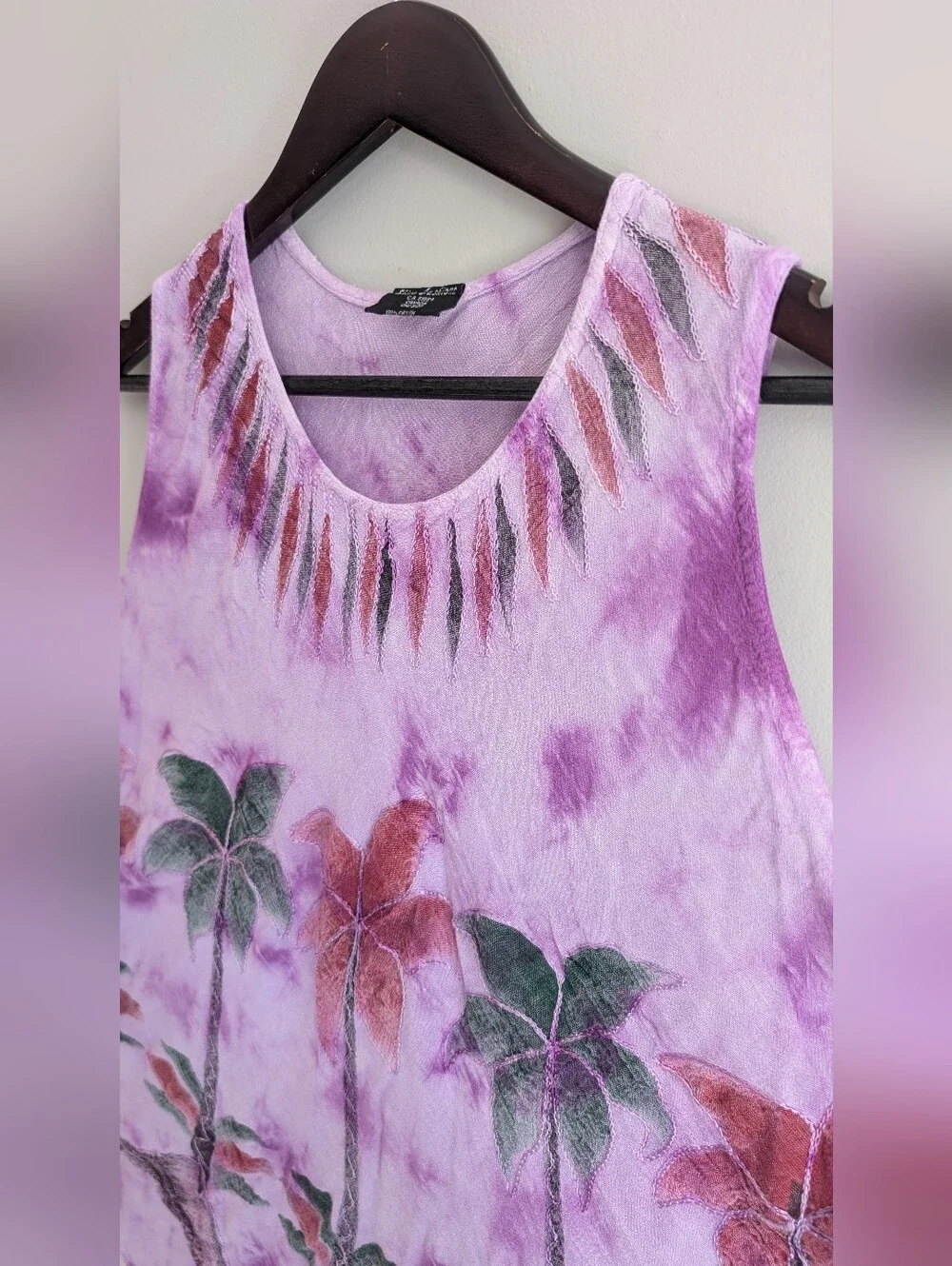 Vintage Pink & Purple Tie Dye Palm Tree Embroidered Flowy Sleeveless Shirt, OS - Picture 4 of 12